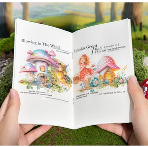 Detail of fairy mushroom house stickers and girl character on a DIY forest scrapbook