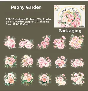 Detail showing 30 sheets of pink peony PET stickers for journal decoration and crafts