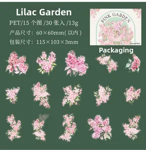 Detailed grid of lilac PET stickers showing 15 hand-painted floral designs and dimensions