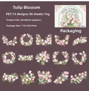 Flat lay of 30pcs tulip PET stickers in Pink Garden series for scrapbooking and DIY decor