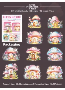 Flat lay of pink mushroom fairy house PET stickers with shimmering glitter finish