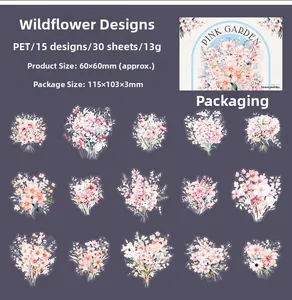 Macro display of 15 hand-drawn pink PET floral stickers for journaling decorations