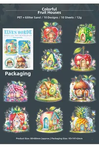 Detailed PET stickers with sand shimmering finish featuring various fruit shapes for DIY