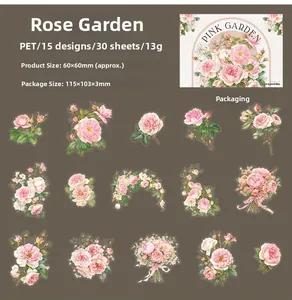 Pink garden PET flower stickers collection with 15 rose designs for scrapbooking