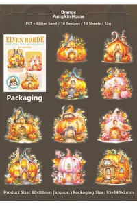 Macro detail of 10 orange pumpkin house stickers with PET glitter finish for DIY journaling