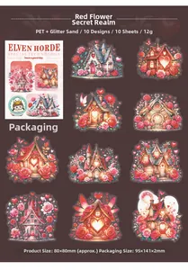Macro detail of fairy tale cottage stickers with PET glitter texture for DIY journals