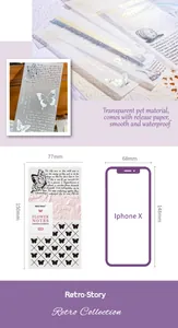 Detail of vintage PET butterfly stickers with script text for scrapbooking and collage