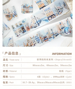Detail of world landmarks washi tape showing London and Paris cityscapes for DIY journaling