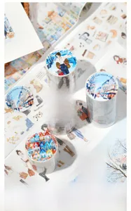 Close-up of vintage retro PET tape and stickers featuring city girl and architecture patterns