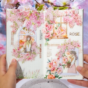 Pink floral PET stickers for scrapbooking featuring vintage girl illustrations and roses