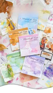 Detail of dreamlike watercolor stickers showing dreamy anime girl and star patterns