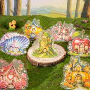 Elf Tribe Fairy House stickers for DIY journals with 7 colorful woodland designs