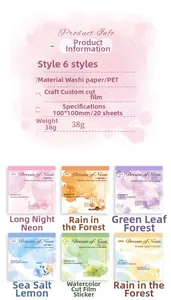 Detail specifications of 100x100mm watercolor washi PET stickers with 6 dreamy styles
