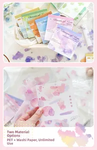Macro shot of watercolor DIY stickers showing semi-transparent PET texture for journaling