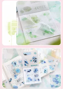 Detail of dreamlike watercolor stickers with self-cutting film for DIY scrapbooking