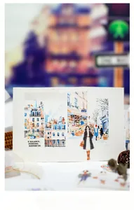 Detail of vintage landscape PET tape with European city architecture and fashion illustrations
