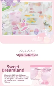 Detail of 100x100mm watercolor PET and washi stickers with colorful dreamlike patterns