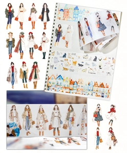 Vintage PET deco tape featuring fashionable female portraits, cats and European architecture
