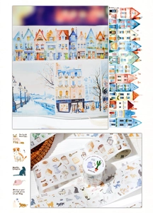 Detail of vintage PET tape showing watercolor European buildings and coffee life illustrations