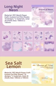 Detail of neon dream watercolor stickers, PET and Washi material set in 100x100mm size