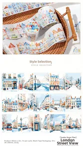 Detailed macro view of London streetscape washi tape with watercolor landmarks