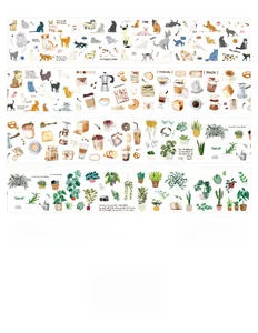Detail of 50mm vintage PET washi tape featuring cats, coffee, and botanical illustrations