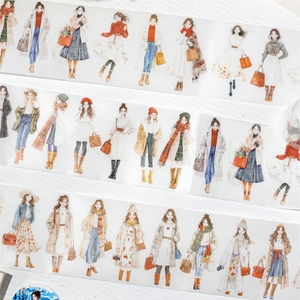 Vintage PET tape featuring hand-drawn winter fashion illustrations for DIY scrapbooking