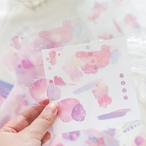 Watercolor scrapbooking stickers in dreamlike pink and purple floral designs