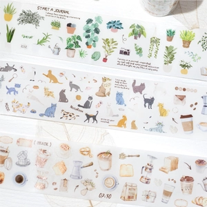Retro hand-drawn PET tape with botanical, cat, and coffee themes for scrapbooking