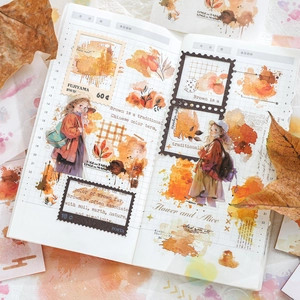 Watercolor Alice theme DIY scrapbook stickers with autumn maple leaves and vintage girl motifs