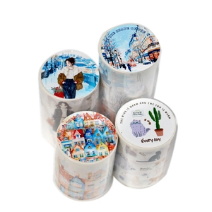 Vintage PET decorative tapes for DIY journaling featuring buildings and cute pets