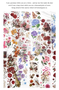 Macro shot of vintage floral PET stickers with antique magnifiers and lace paper details