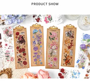 Flat lay of vintage floral PET tape stickers featuring roses and hydrangeas for DIY journaling