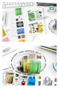 Detail van transparante PET-stickers in supermarktthema voor creatieve journaling en decor