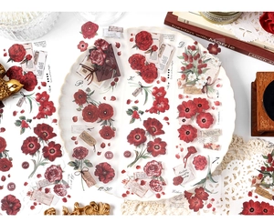Detail of vintage red rose PET stickers with envelopes and botanical labels for journaling
