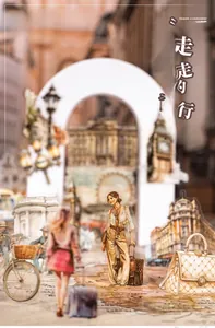 Detail of vintage travel stickers featuring hand-drawn European landmarks and retro icons