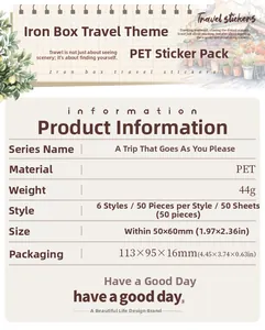 Detailed specifications table for 50pcs vintage PET travel stickers in a metal box