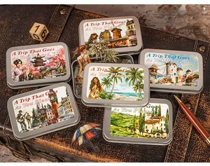 Detail of vintage travel PET stickers in tin boxes with retro scenery on aged suitcase