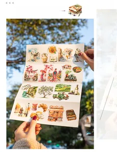Close-up of 50pcs watercolor travel PET stickers featuring food and architecture