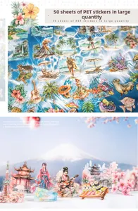 Detailed PET travel stickers set with 50 unique tropical and Japanese theme designs