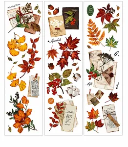 Detail of vintage autumn PET tape featuring maple leaves, acorns and floral illustrations