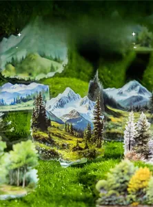 Detail of forest and mountain PET stickers for scrapbooking with transparent natural scenery