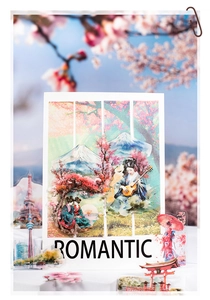 Detailed PET travel stickers featuring global landmarks and Japanese cherry blossoms