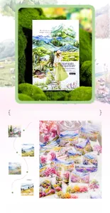 Macro view of watercolor PET forest stickers for DIY journaling and nature scrapbooking