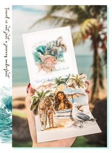 Detail of 3D pop-up travel card with tropical beach surf theme and palm tree cutouts