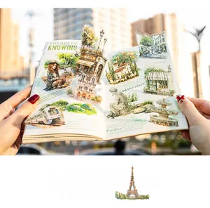 Detailed view of semi-transparent travel stickers applied to a journal page