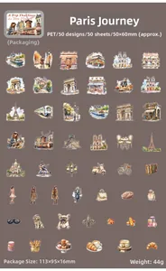 Flat lay of 50 pieces watercolor Paris travel PET stickers with Eiffel Tower designs