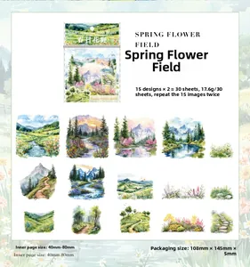 Detailed set of 30 PET stickers with watercolor nature scenery for DIY scrapbooking