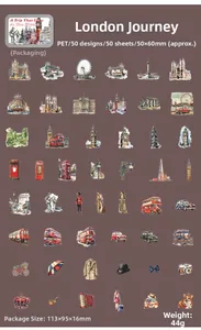 50pcs waterproof PET stickers featuring London landmarks like Big Ben and red buses