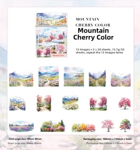 Detailed grid showing 15 nature-themed watercolor stickers in cherry blossom pink tones